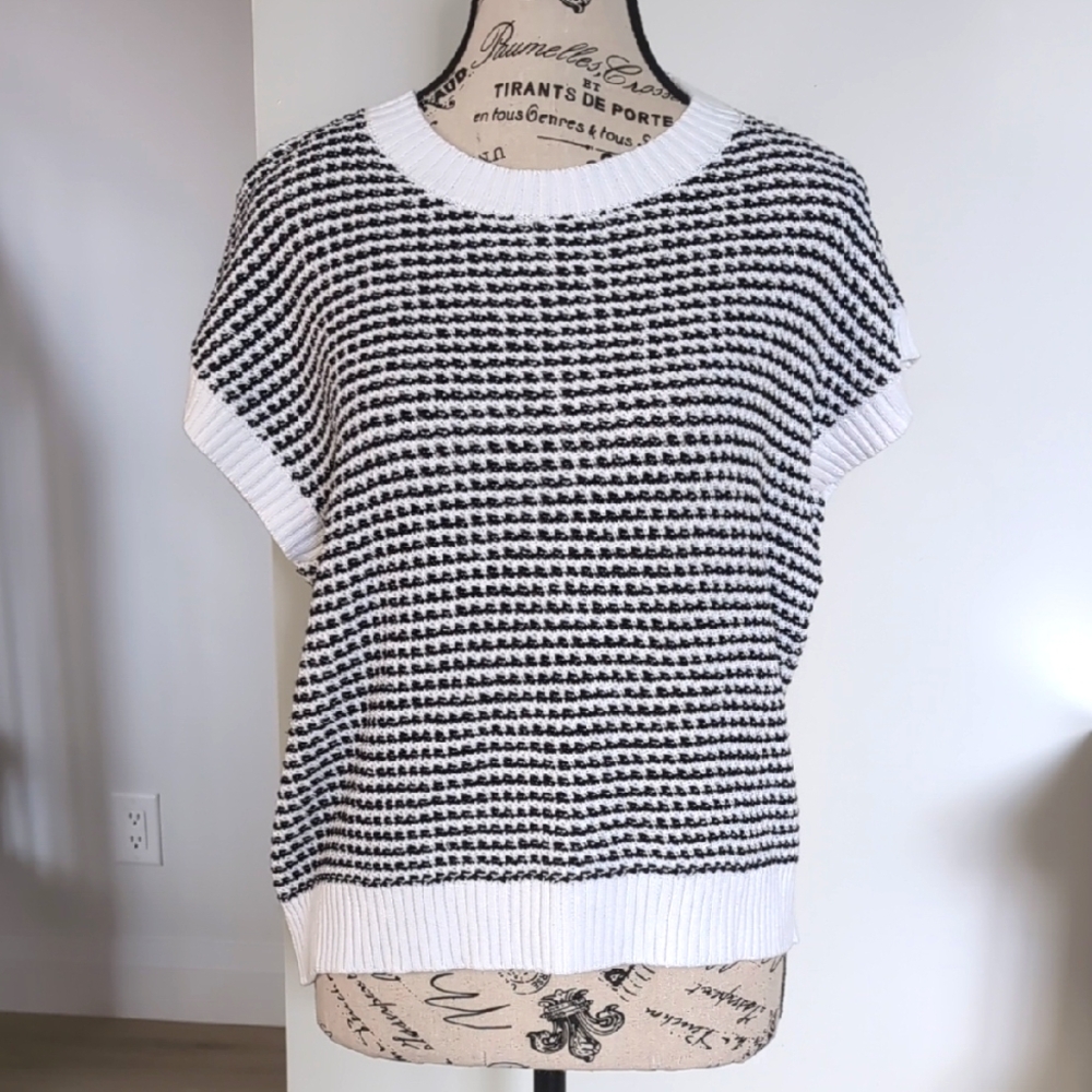PRETTYGARDEN | Women's White/Blk Knitted Cap Sleeved Crewneck Oversized Sweater